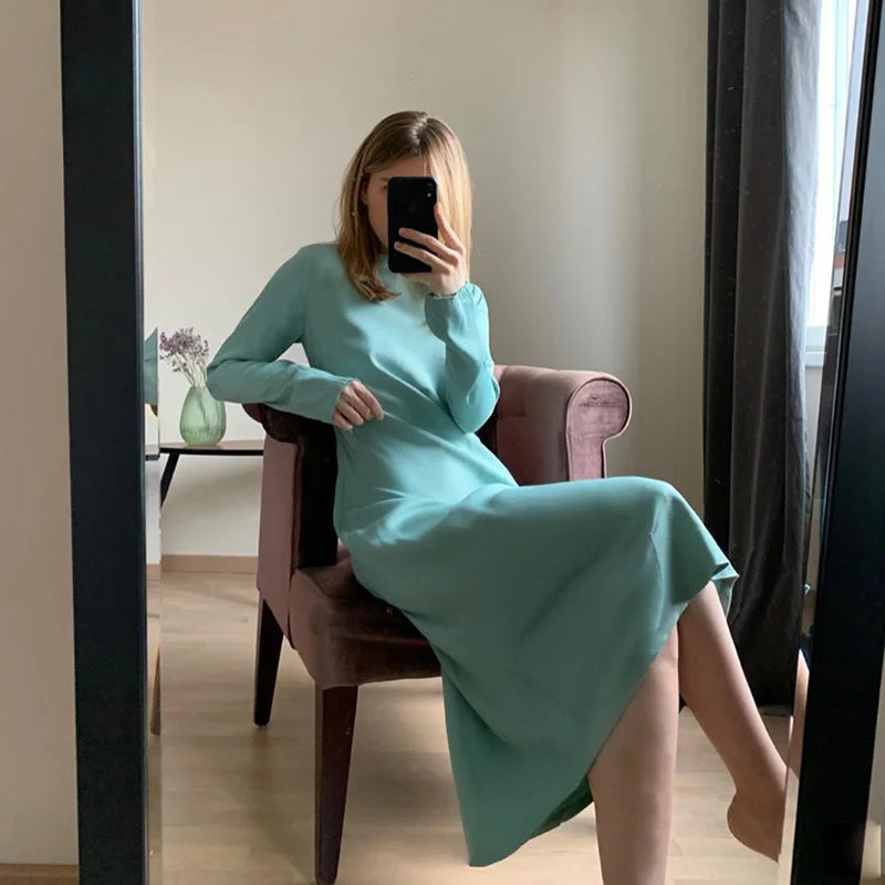 WOTWOY 2024 Spring Elegant Satin Dress Women Casual Solid Long Sleeve Dresses Women Loose-Fitting Party Vestidos Femme Traf Robe
