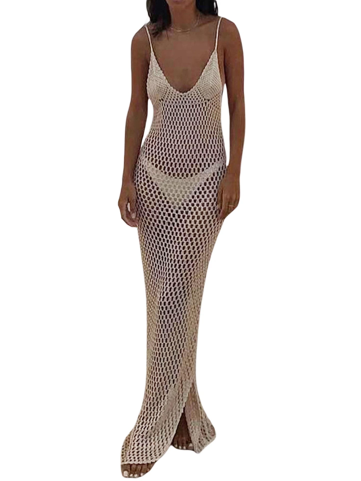 Women s Crochet Cutout Backless Beach Cover Up Dress for Bikini Swimsuit Bathing Suit Summer Clothes with Knitted Design