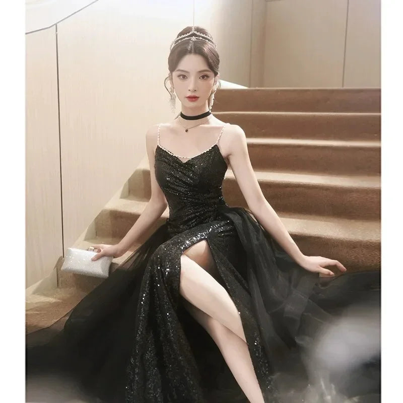 Women's Prom Dresses Slim Off The Shoulder Sleeveless Black Sequin Banquet Long Skirt Evening Party Dress for Women Vestidos