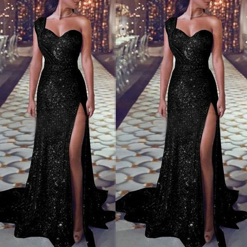 2022 Models Dresses Women Elegant And Sexy One-shoulder Sleeveless Bronzing Dress Split Wo