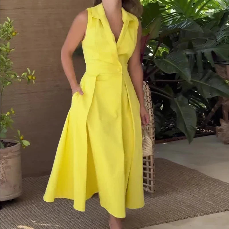 Commuter Lady Solid Button Blazer Dress Spring Turn-down Collar Tunic Long Party Dress Women Summer Sleeveless A-Line Suit Dress