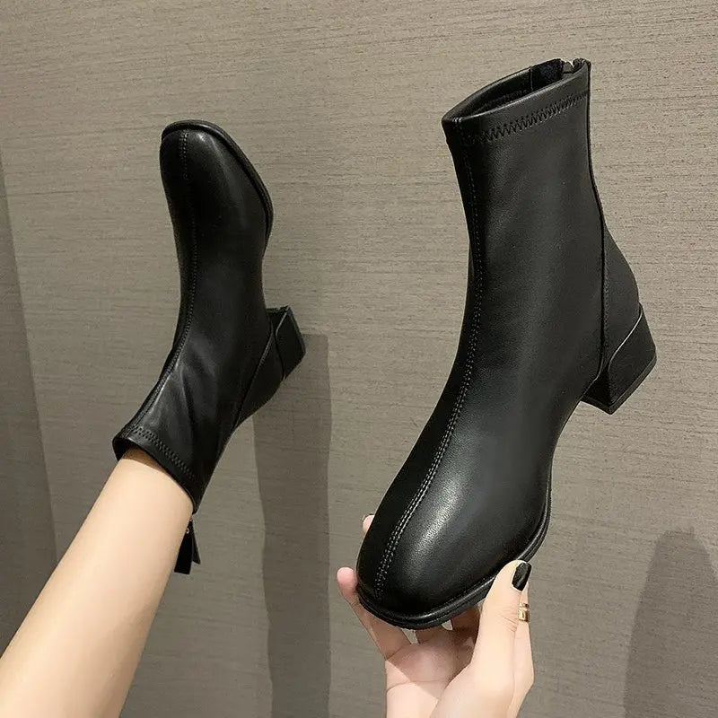 Elastic Socks Boots Fashion Ankle Boots Women High Heel Thicks Heel Square Toe Short Boots Women Retro New Ladies Shoes