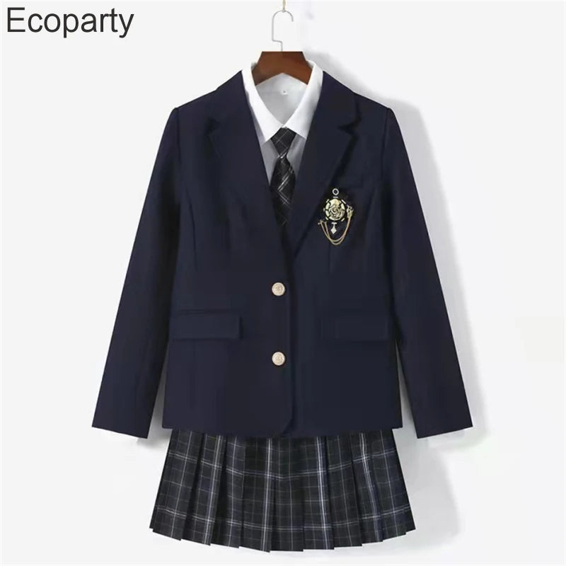 Women's Korean Fashion Jk School Uniform Coat Spring Autumn Black Lapel Long Sleeve Jackets With Badges College Style Costume
