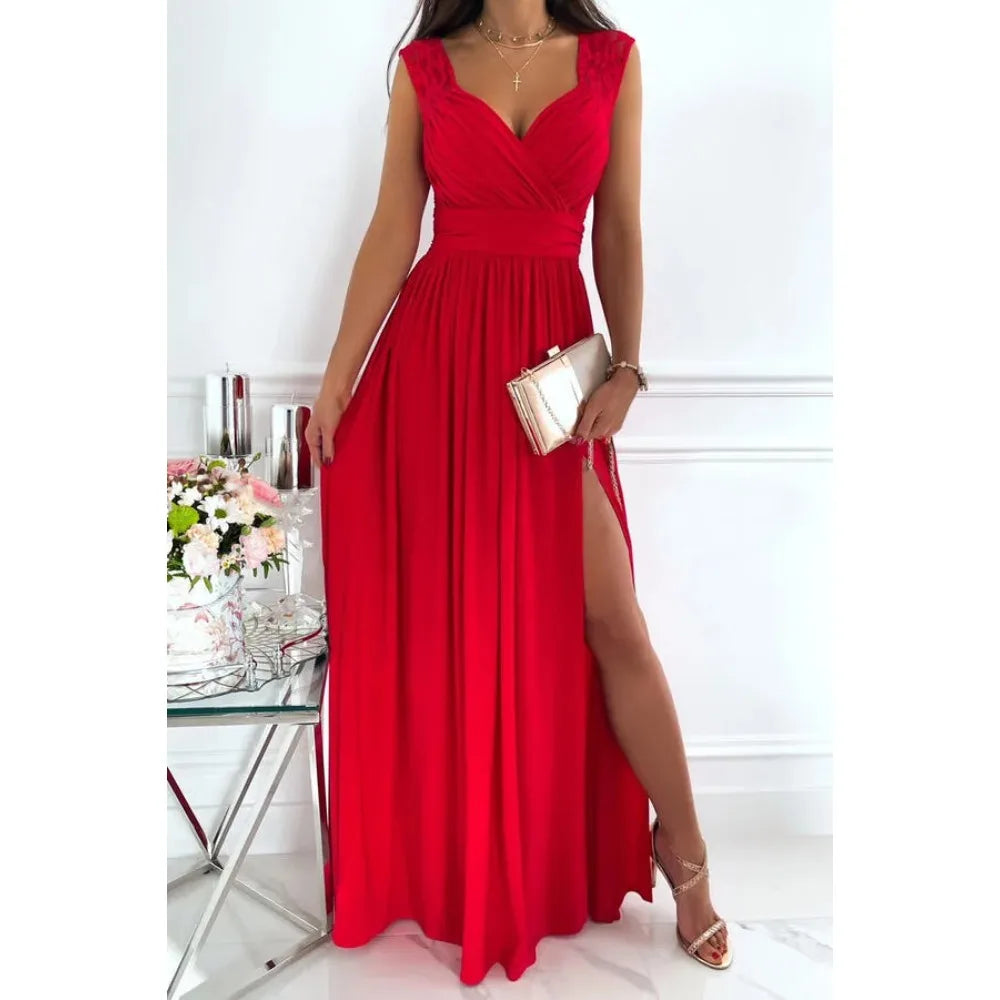 2024 New European and American Sex Pleated Stitching Long Slit Dress Long Skirt Dress White Dress