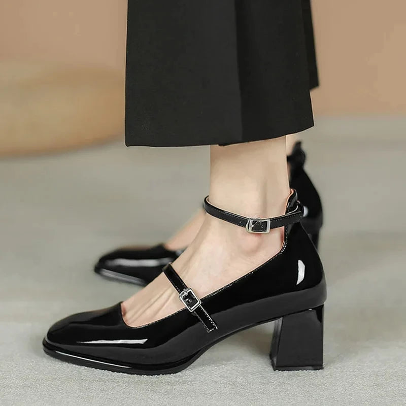 2024 New Women's Mary Janes Shoes High Quality Leather Shoes for Women Square Toe Shallow Buckle Strap Women's Shoes sandalias