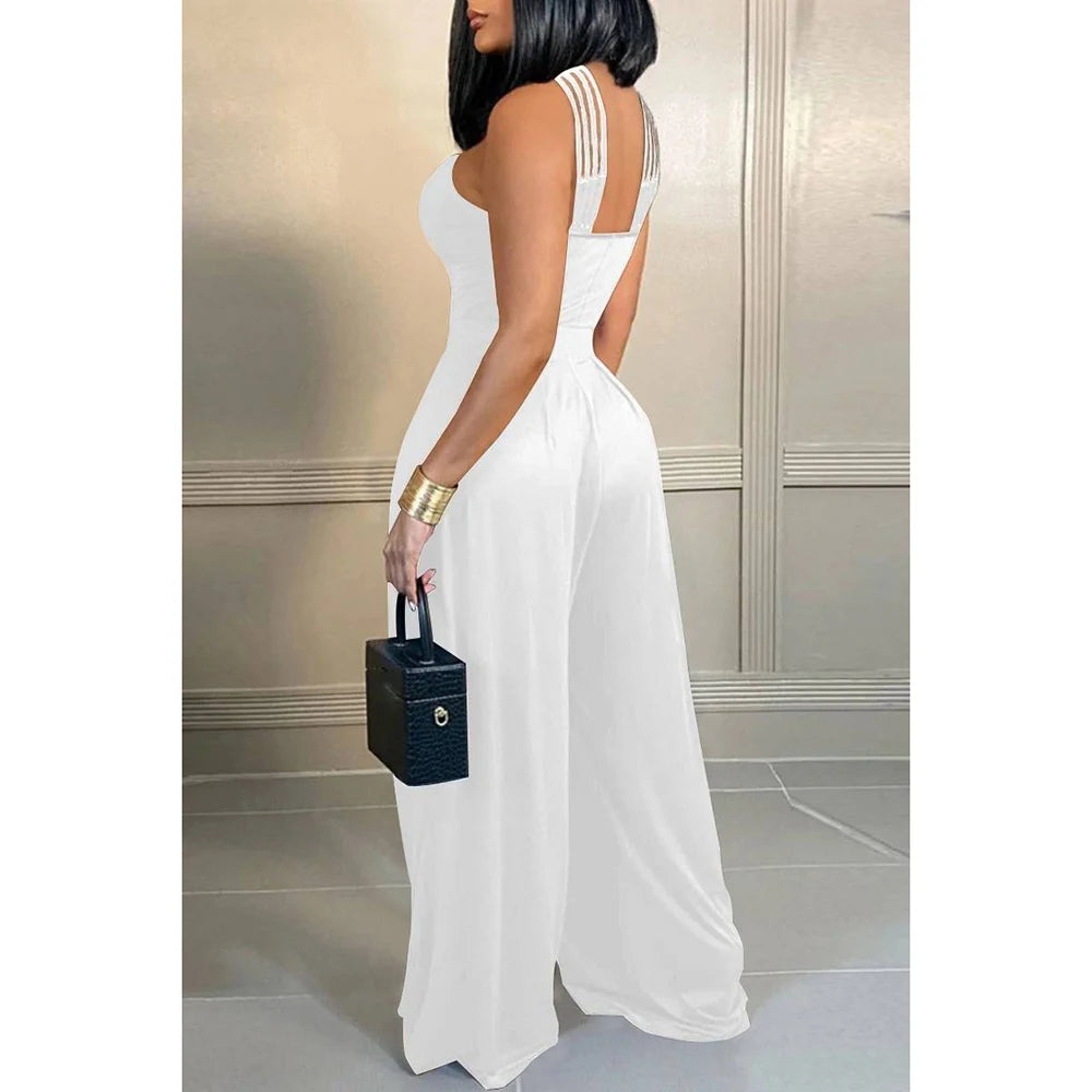 Plus Size White Daily Hollowed Out V Neck Strappy Sleeveless Regular Jumpsuits