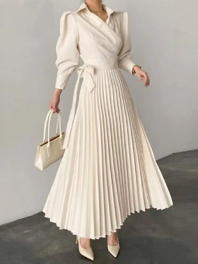 Onecozyday Women Midi Dress 2023 Autumn New Laple Collar Puff Sleeves High Waisted Pleated Dresses Elegant Evening Party Dress