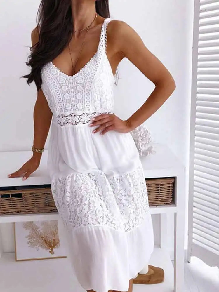 Boho Midi Dress Women Sexy Backless Dress Summer Spaghetti Strap Fashion White Lace Patchwork Casual Beach Sleeveless Dresses
