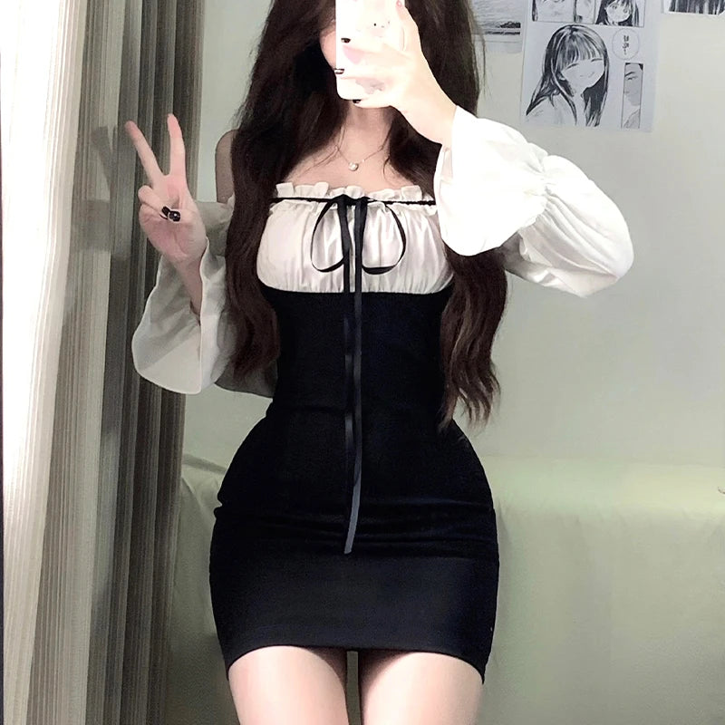 Kuzuwata Sexy Fake Two-piece Black Mini Dress Summer New Women Bag Hip Long sleeve College Outfits Beach Club Party Dresses
