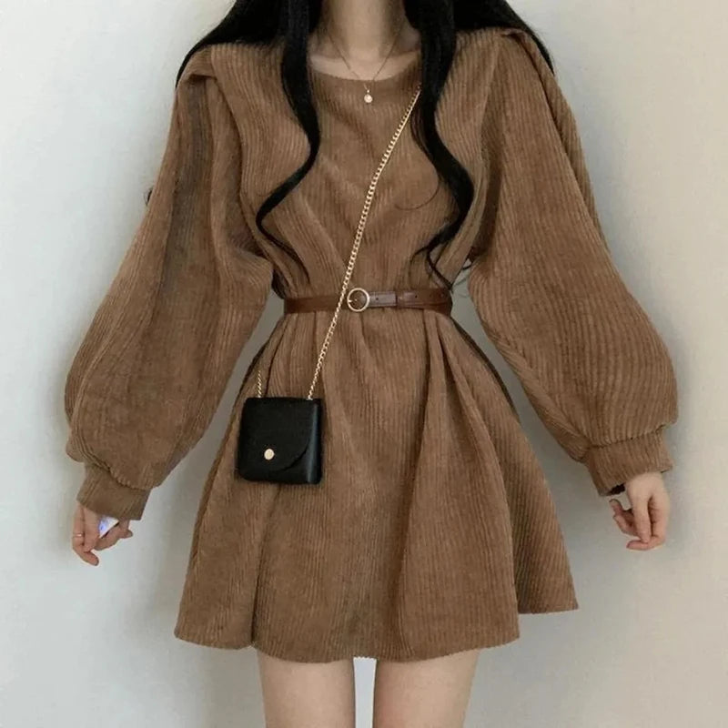 GIDYQ Corduroy Dress Women Vintage Belt Slim Long Sleeve Mini Dresses Fashion Elegant Solid O Neck Chic Streetwear Fall Winter