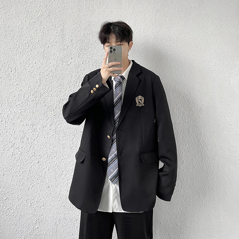 Black Casual Suit Jacket Men Loose High Street Blazer Jacket Korean Trend JK Dk School Uniform Preppy Cool Teenagers Suit Coat