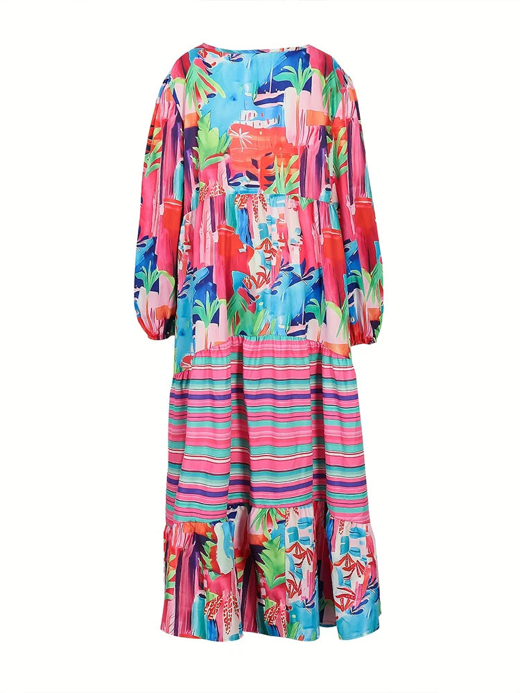 Plus Size Fall/Winter New Women's Casual Dress, Long Sleeve, V-Neck, Irregular Pattern Print Personalized Apparel Dresses