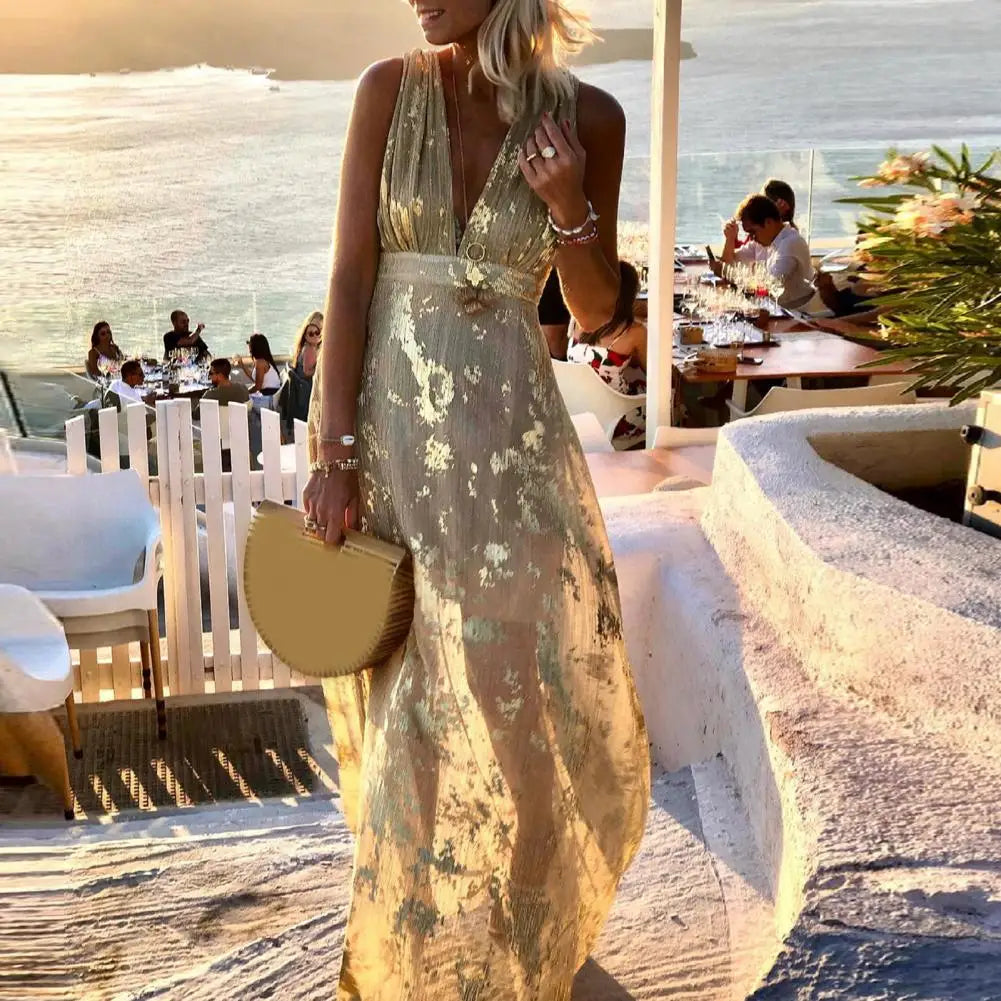 Party Dress Flowy Hem Soft Ankle-Length Elegant Bronzing Applique Casual Vest Gown Dress Beach Dress Female Clothing