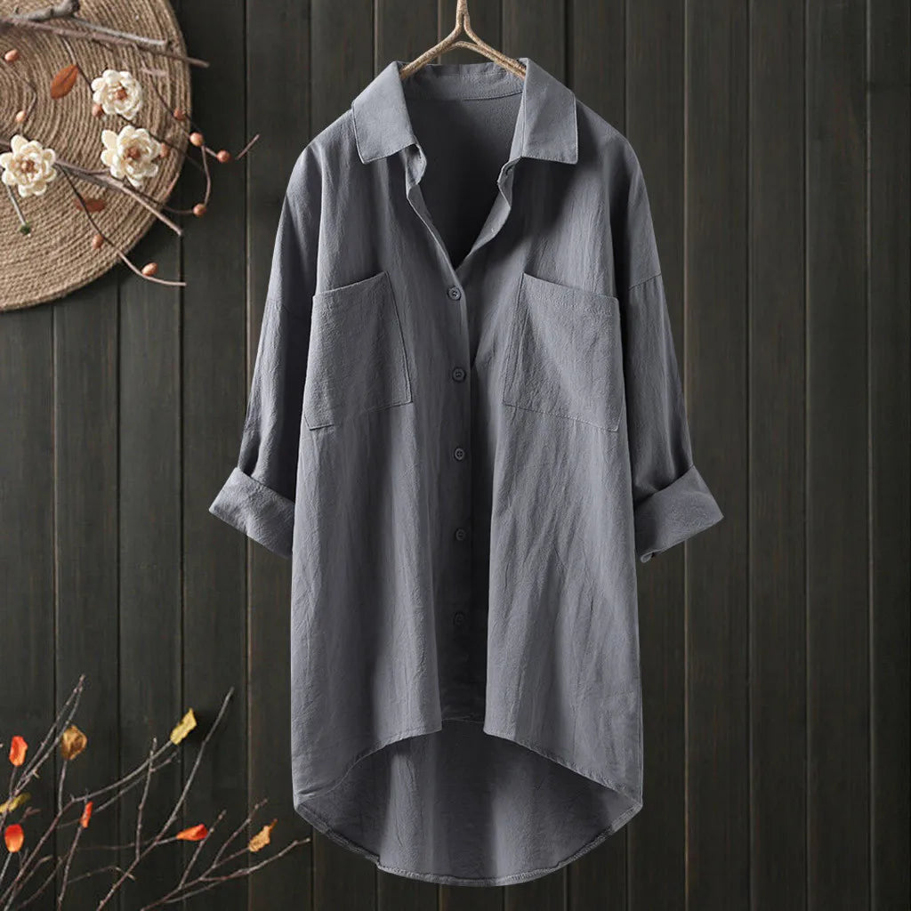 White Shirt Women Casual Cotton Linen Shirts Blouse Loose Dress Lapel Neck Button Long Sleeve Cardigan Beachwear Clothes Blusas