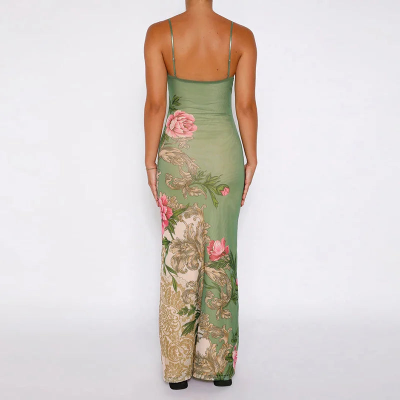Sleeveless Print Suspender dress women Fashion Vneck slim long skirt summer fashion women's beach party club robe JY23159SK