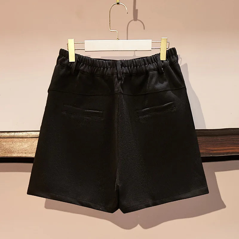 New 2022 Autumn Winter Plus Size Shorts For Women Large Casual Black Wide Leg Pocket Woolen Thick Shorts 3XL 4XL 5XL 6XL 7XL