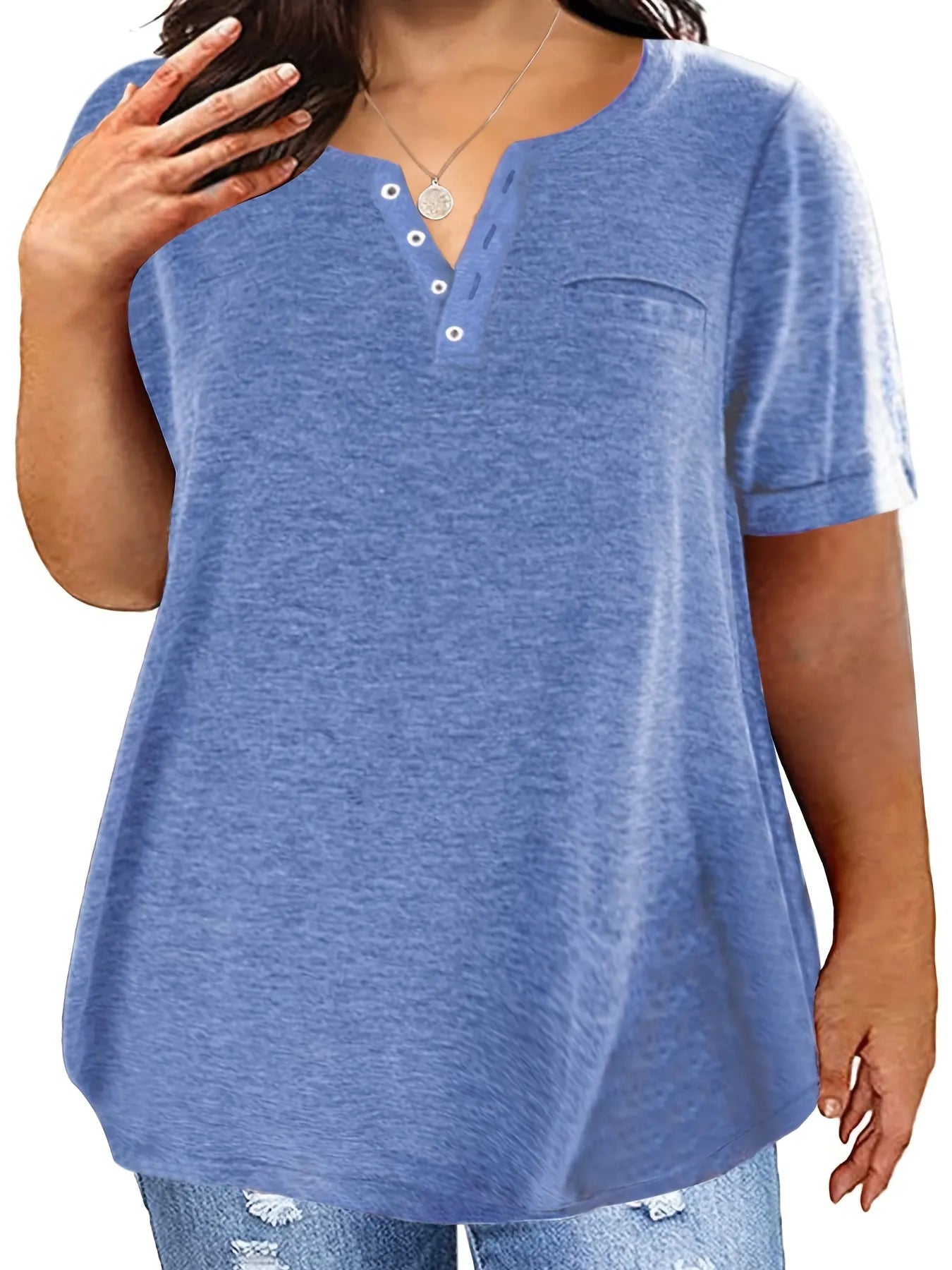 Spring and Summer New Style Top V-neck Short Sleeve Pocket Loose T-shirt Women Plus Size Women Clothing Ladies Tops