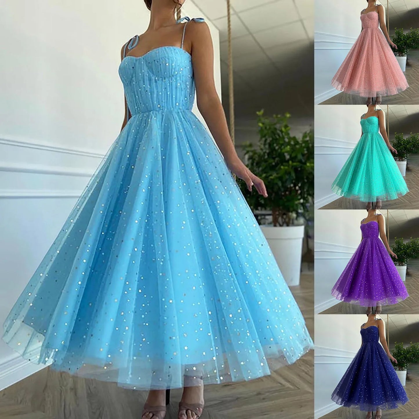 Summer Bling Stars Sequin Dress Women Vintage V Neck Sexy Mesh Dresses Ladies Spaghetti Strap Party Tulle Dress Vestidos Mujer