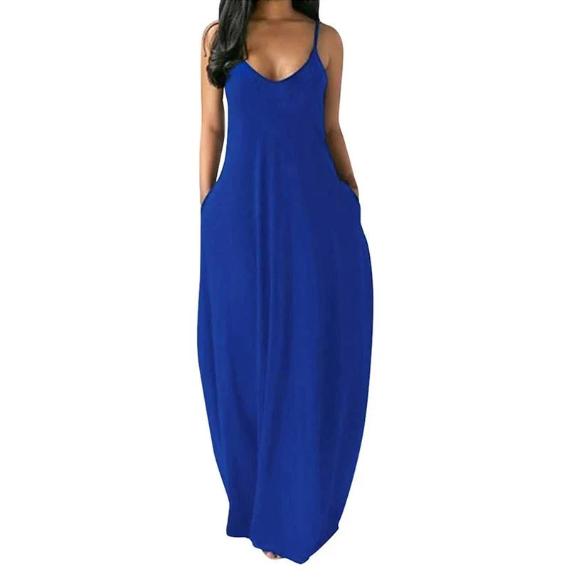 Women Pocket Long Dress Sexy V-Neck Sleeveless Loose Casual Dresses Summer Spaghetti Strap Solid Color Beach Maxi Dress S-5XL