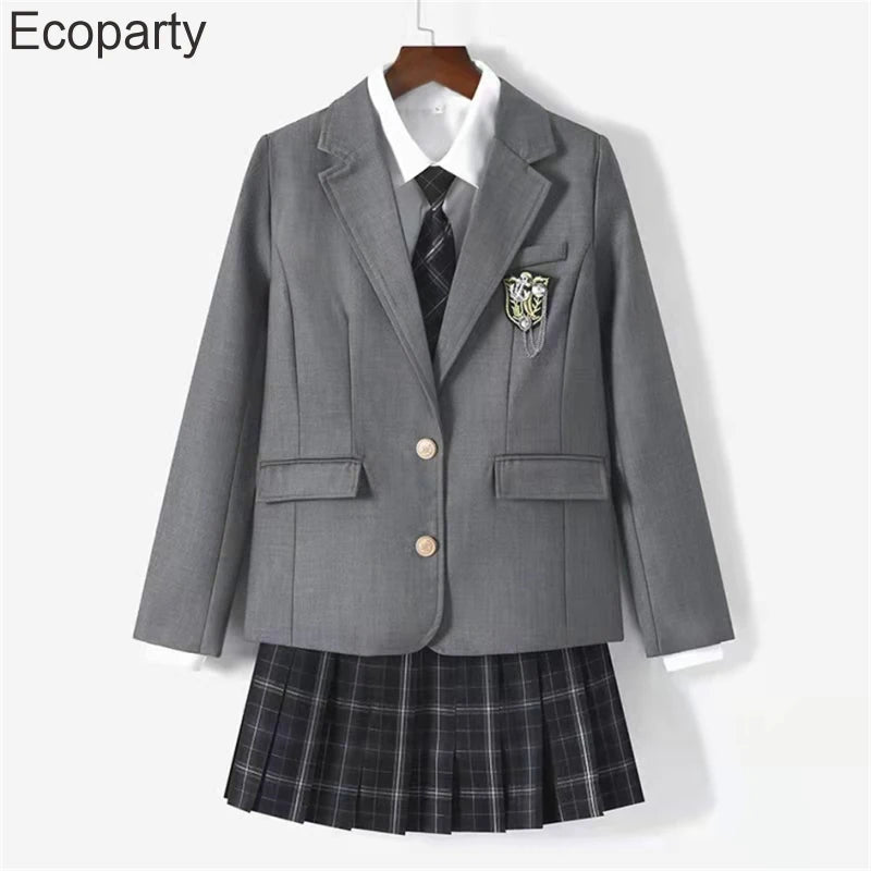 Women's Korean Fashion Jk School Uniform Coat Spring Autumn Black Lapel Long Sleeve Jackets With Badges College Style Costume