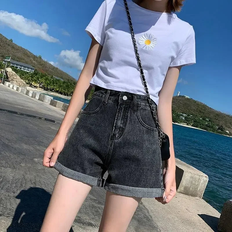 Shorts Women Black Gray Denim Shorts For Women Summer High Waist Loose Ropa Mujer