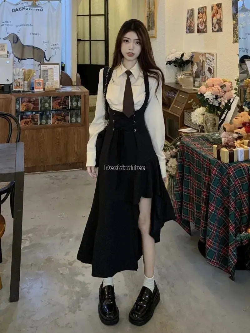 2023 spring new korean style sweet and spicy strap dress long sleeve shirt set two piece retro casual women fashion jk set s491