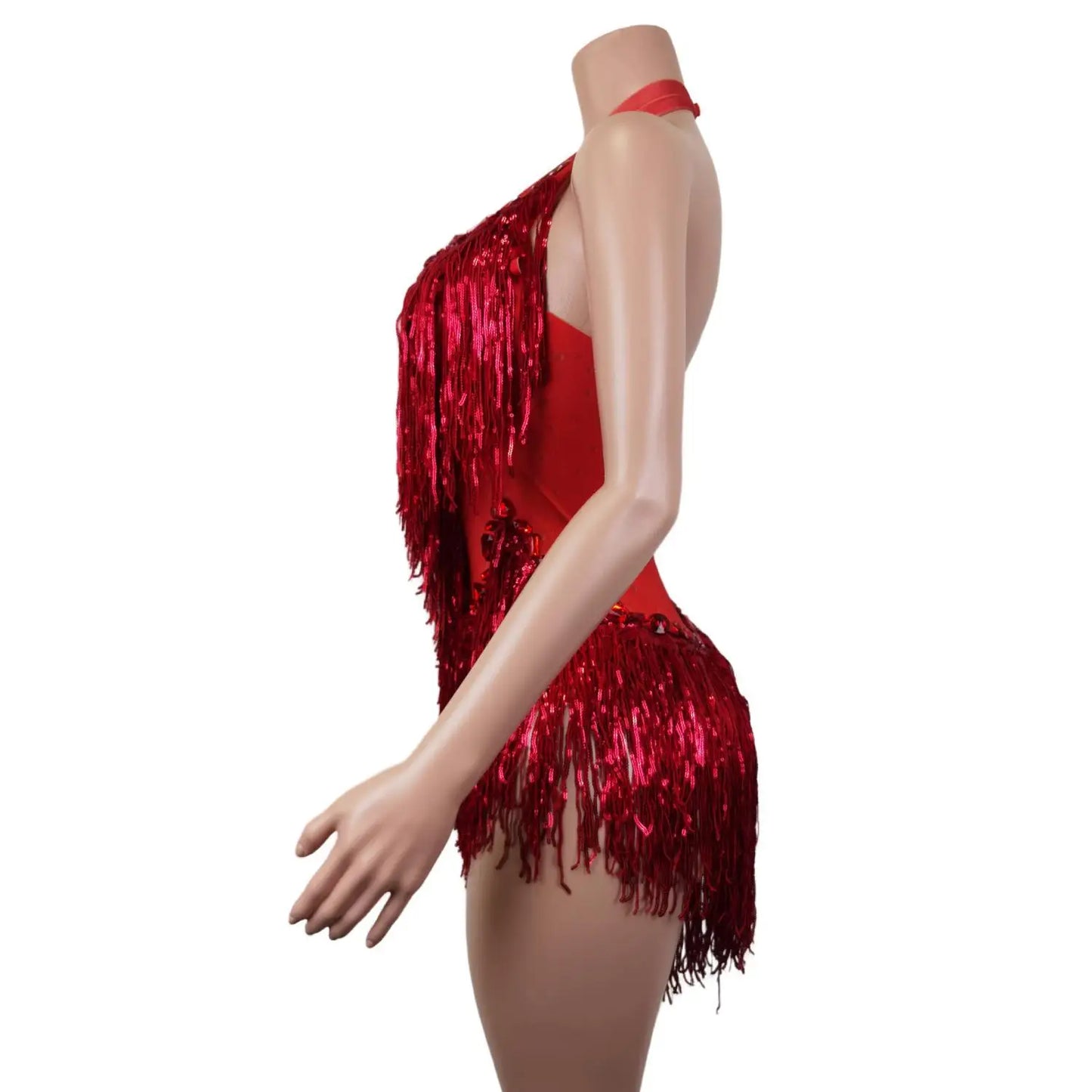 Flashing Red Sequins Fringes Rhinestones Transparent Bodysuit Woman Evening Birthday Celebrate Costume Dancer Leotard Shuye