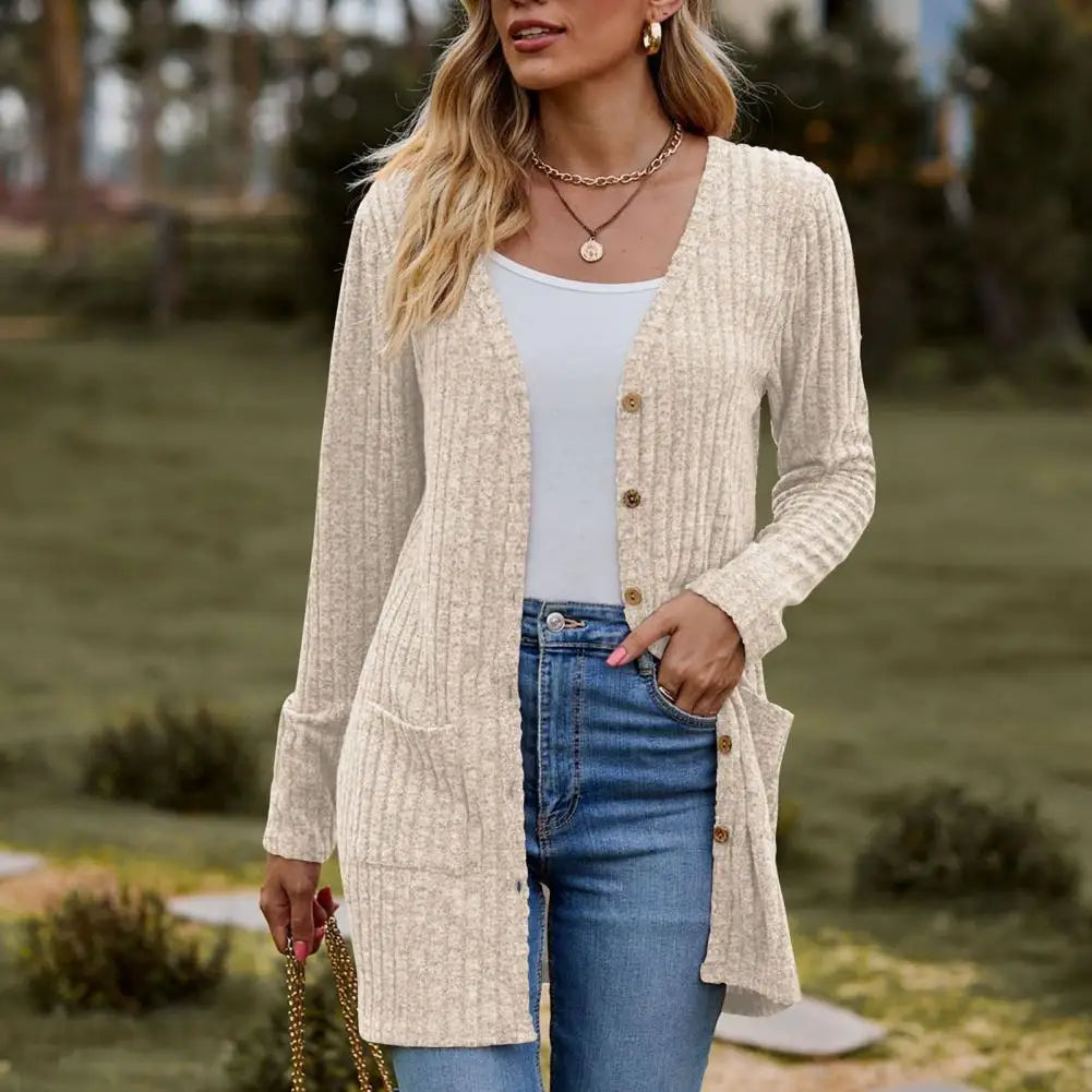 Front Button Pocket Coat Solid Color Cardigan Cozy Knitted Women's Winter Fall Coat Long Sleeve Soft Warm with for Ladies