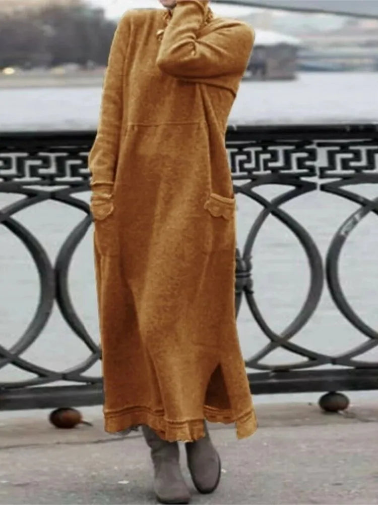 2024 Autumn Winter Plus Velvet Hoodie Dresses For Women Knitted Flower Lace Edge Loose Maxi Dress Casual Long Vestido Female New