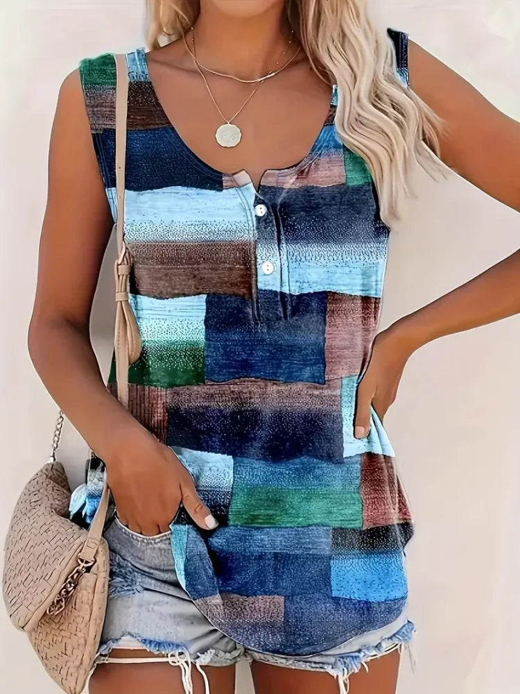 Plus Size Geometric Print Sleeveless Tank Tops & Camis with Button Detail Polyester Crew Neck Vest for Women Casual Knit Fabri