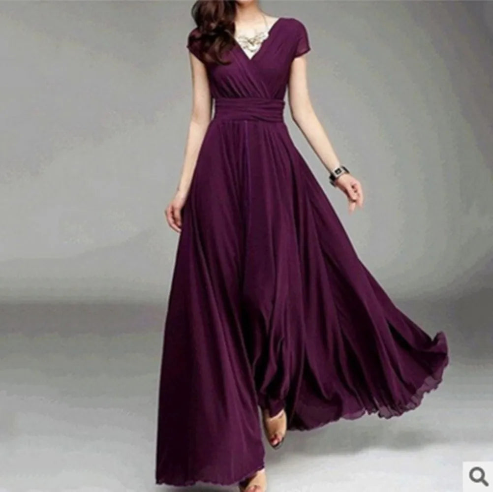 2023 New in Women Elegant Chiffon Long Evening Dress Sexy Deep V-neck Short Sleeve Bridesmaid Dresses Slim Waist Plus Size 5XL