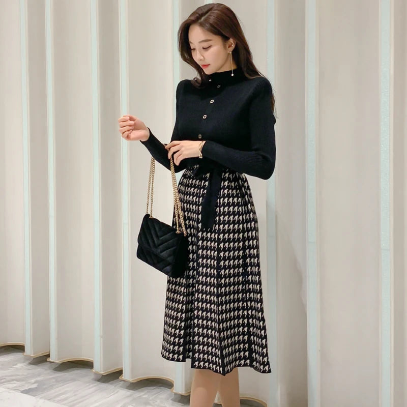 Korean Elegant Knitted Plaid Patchwork Midi Dress for Women Long Sleeve O-neck Bird Lattice Bow Pleated Dress Autumn Winter