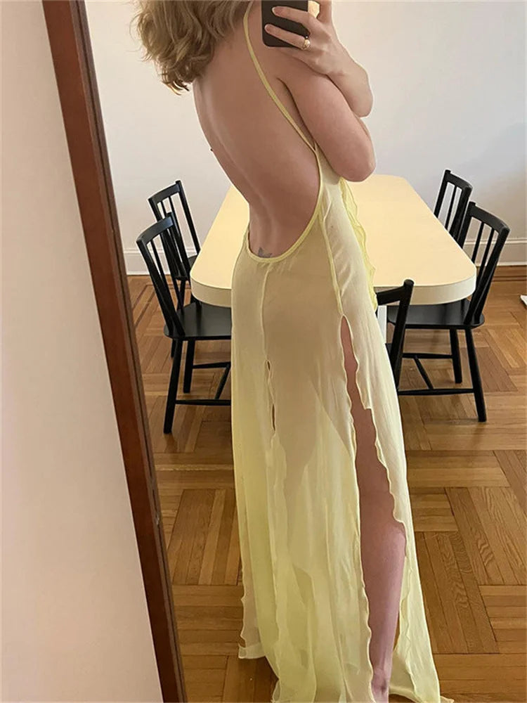 CHRONSTYLE Sexy Mesh See Through Long Dress Fairycore Woman Ruffles Split Dress Y2K Backless Sundress Women Beach Boho Cover-Ups