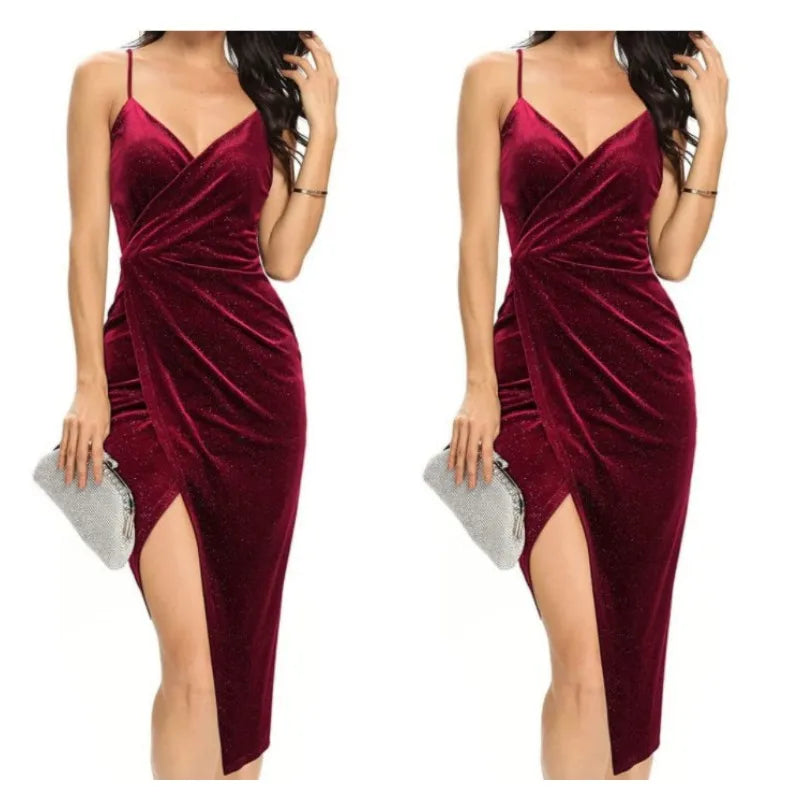 Cross Border European And American Women's Gold Velvet Strap Mid Length Dress Split Gold Stamped Sexy Nightclub Evening Dre