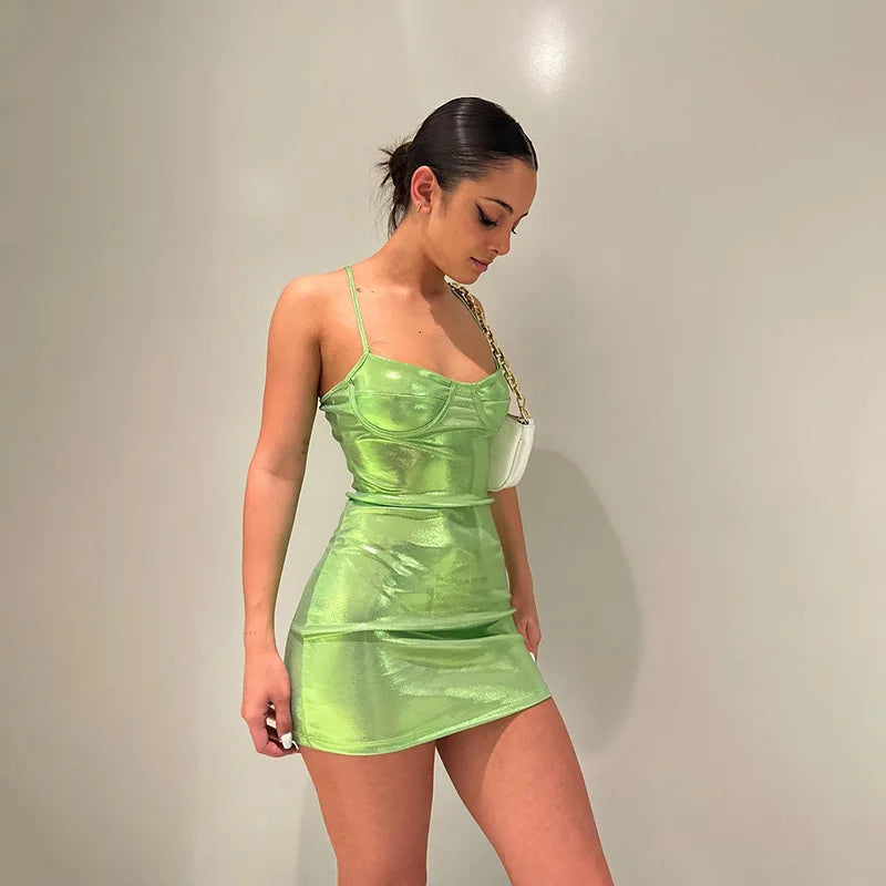 2024 Bling Glitter Backless Mini Dress For Women PU Metallic Sexy Club Bodycon Strap Bright Color Spaghetti Y2K Clothes