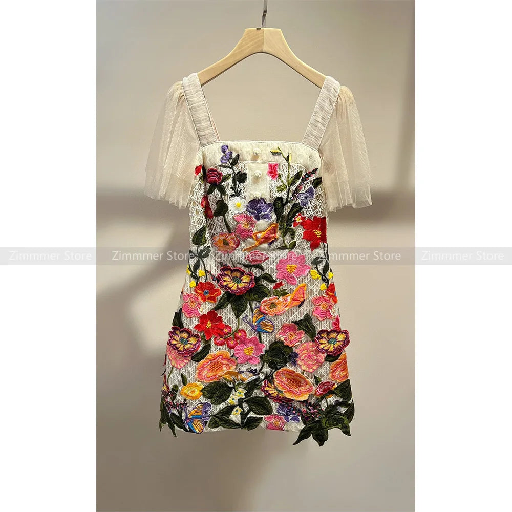 Vietnam niche design three-dimensional flowers embroidery dress one-line collar Slim thin wide halter dresses
