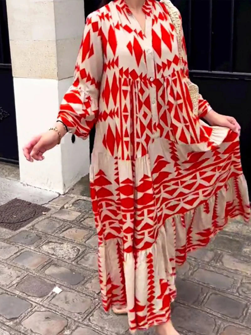 Elegant Summer Maxi Dress Women Casual Streetwear Vintage Geometric V Neck Boho Beach Long Loose Dresses Female Vestidos