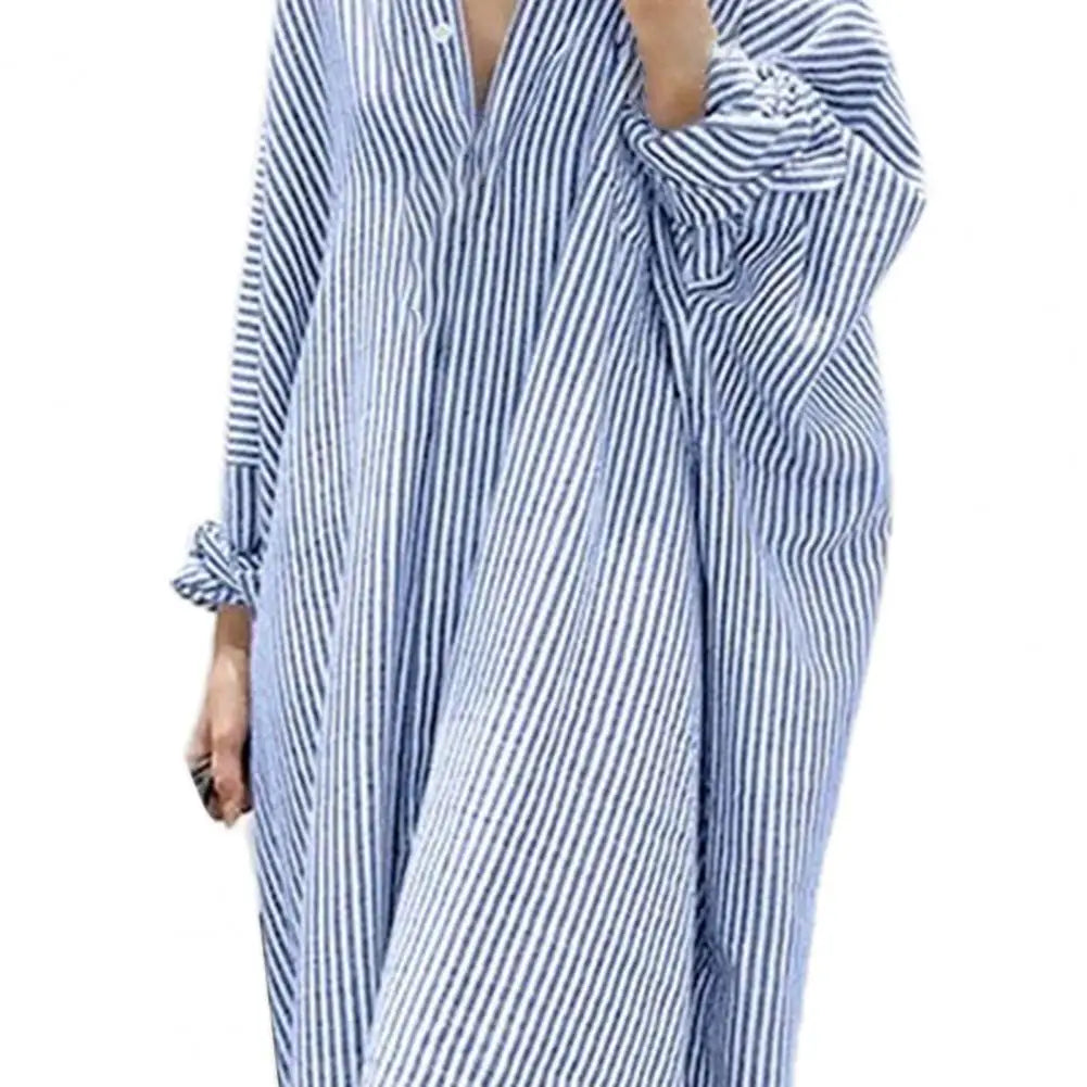 Fashion Women Lapel Neck Striped Dress Autumn Long Sleeve Buttons Maxi Long Dress Elegant Shirt Vestidos Femme Sundress