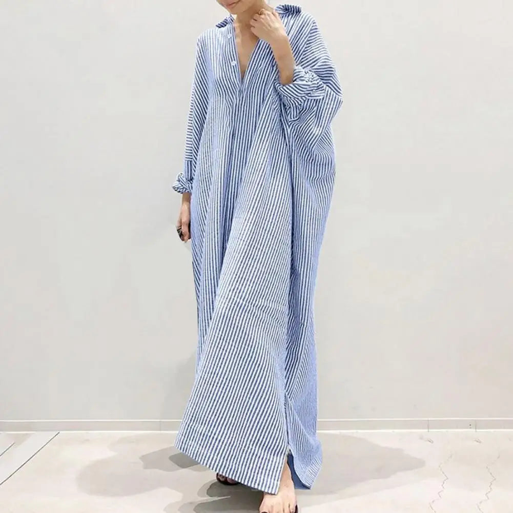Fashion Women Lapel Neck Striped Dress Autumn Long Sleeve Buttons Maxi Long Dress Elegant Shirt Vestidos Femme Sundress