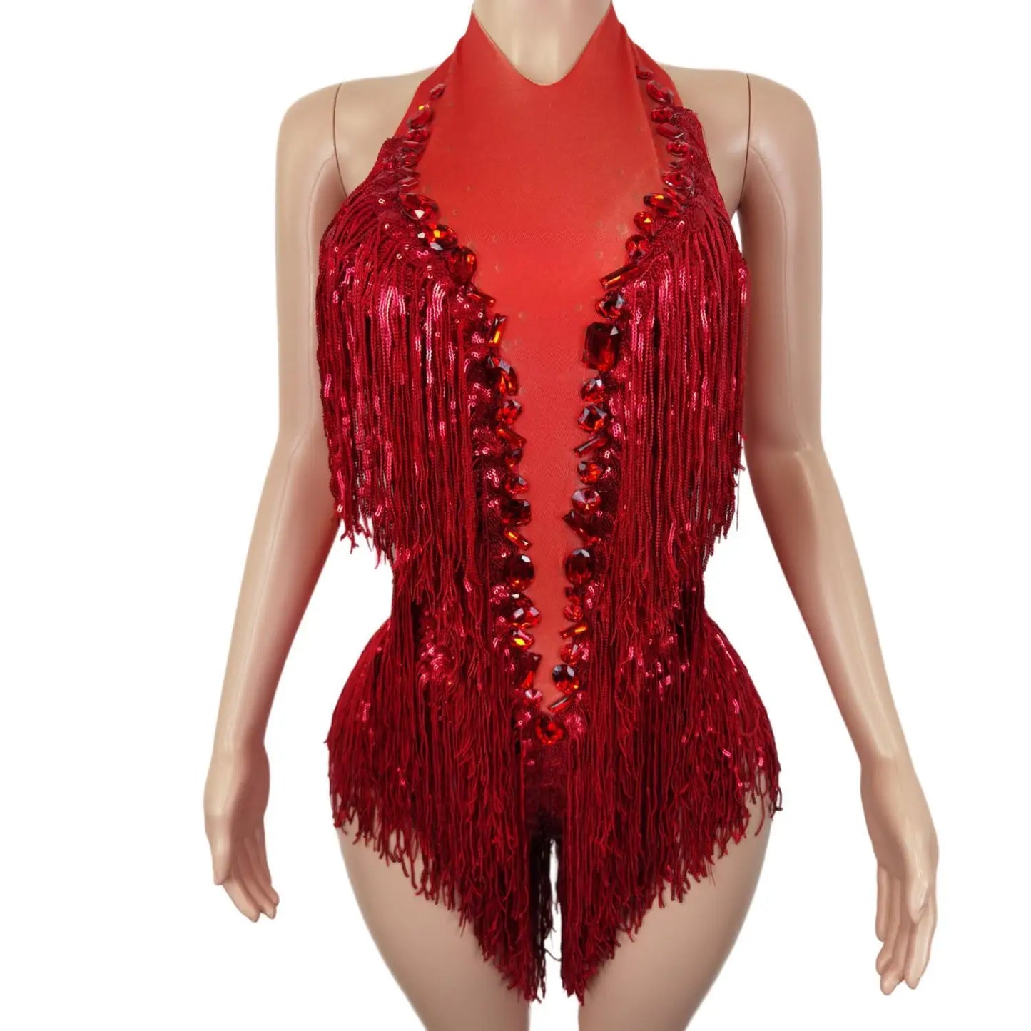 Flashing Red Sequins Fringes Rhinestones Transparent Bodysuit Woman Evening Birthday Celebrate Costume Dancer Leotard Shuye