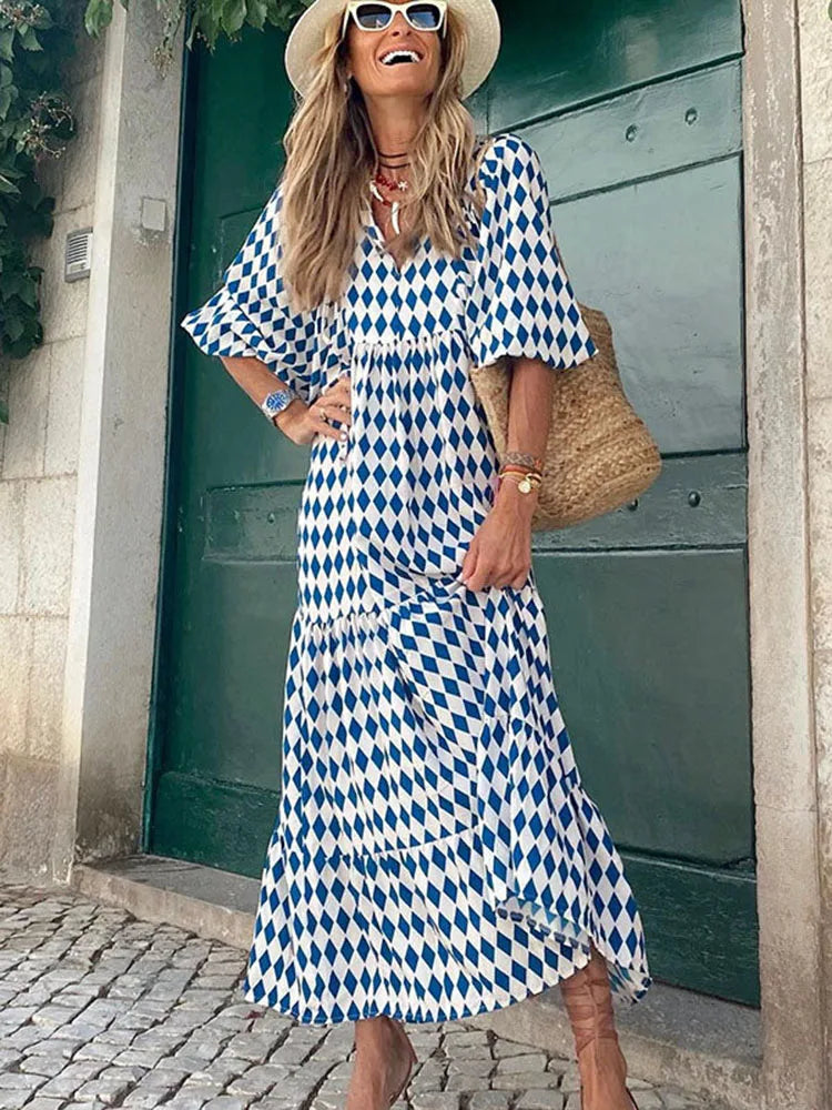 Fashion Women Print Dress Summer Loose Boho Dress Casual Elegant Short Sleeve Beach Party Dresses For Woman Robe Femme New