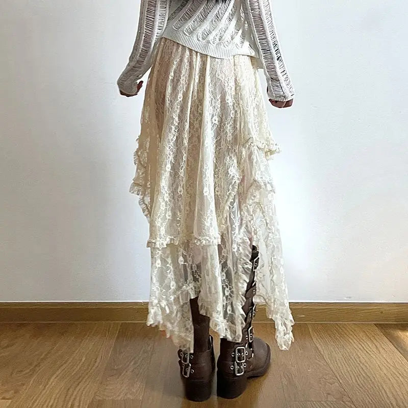 Deeptown Lace Asymmetrical Skirt Fairycore Women Vintage Y2K Boho Aesthetic Fashion High Waist Mid Skirts Lady Holiday Outfits