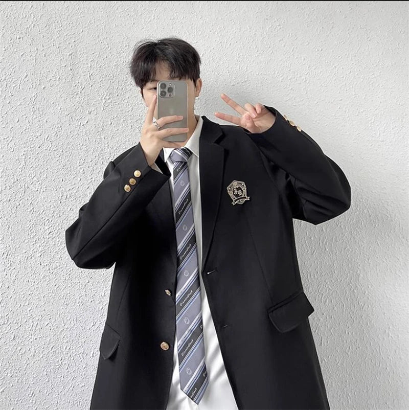 Black Casual Suit Jacket Men Loose High Street Blazer Jacket Korean Trend JK Dk School Uniform Preppy Cool Teenagers Suit Coat