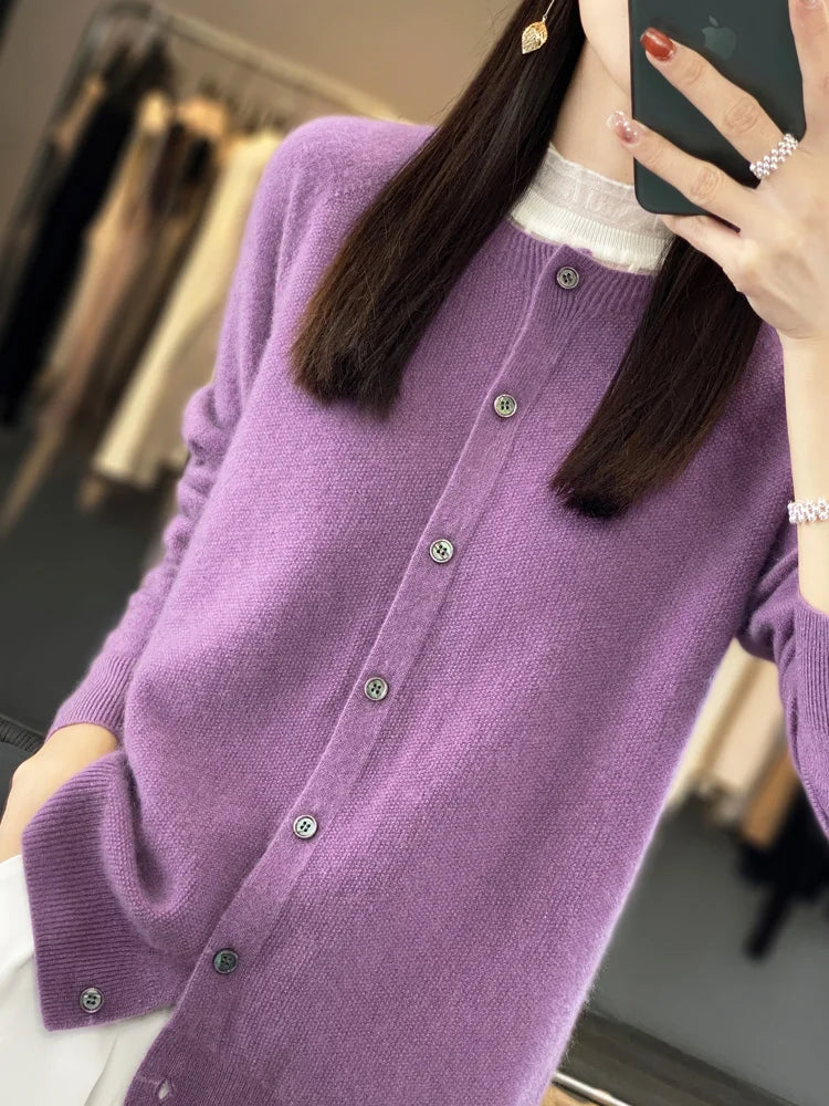 Aliselect Long Sleeve Women Knitwear Cashmere Knit 100% Pure Merino Wool Spring Autume O-Neck Top Cardigan Sweater Clthing Coat
