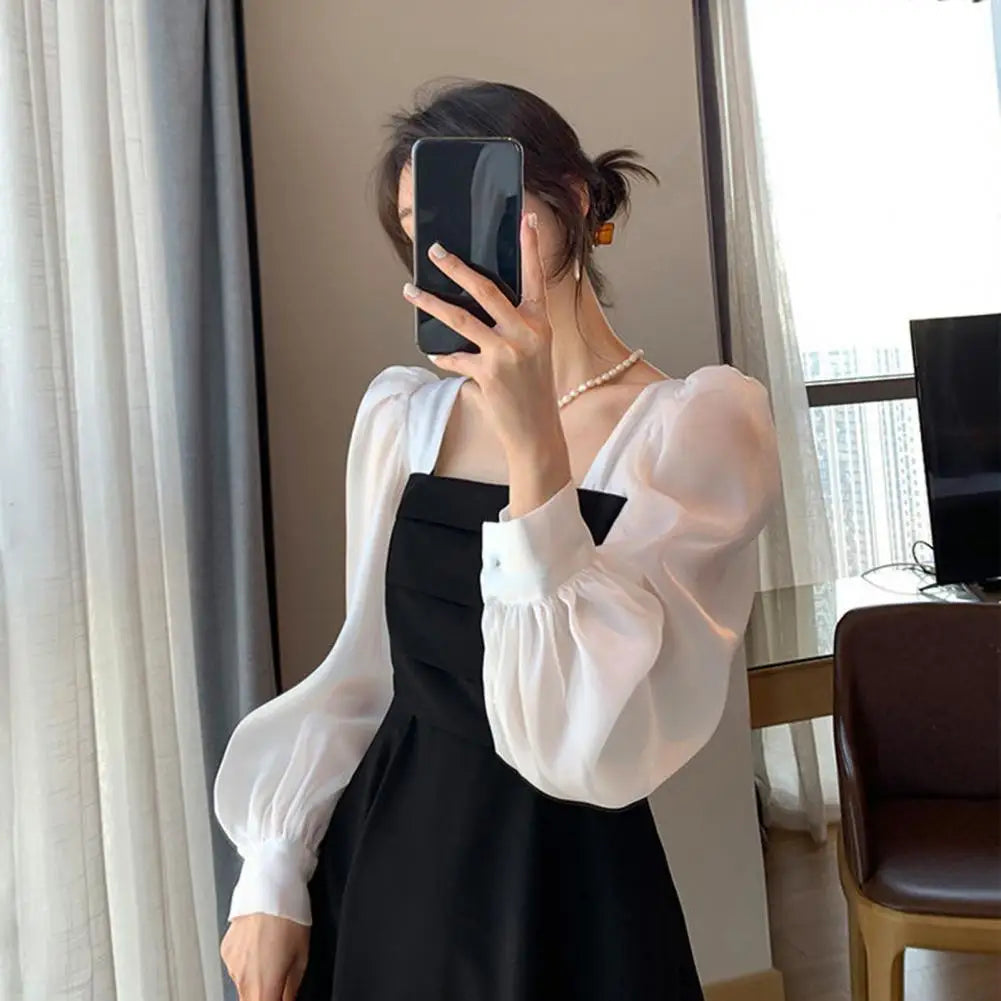 Women Dress Patchwork Long Sleeves Autumn Dress Solid Color Mid-calf Length Square Neck Dress Vintage Dress-up Spring Dress