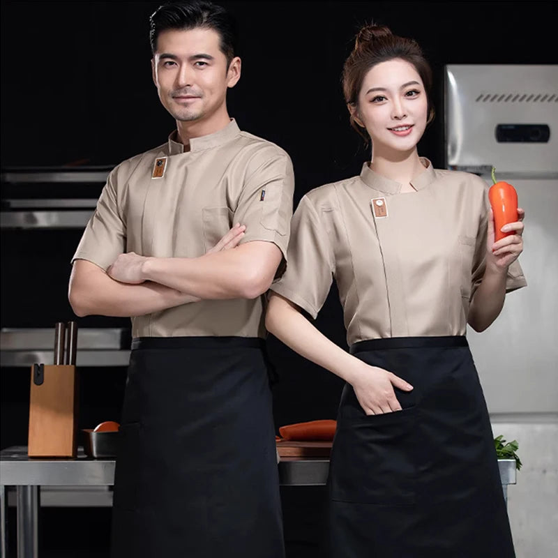 Black Chef Jacket Short Sleeve Kitchen Uniform grey Cook Coat Chef T-shirt Baker Work Uniform Waiter Restaurant Hotel Clothes
