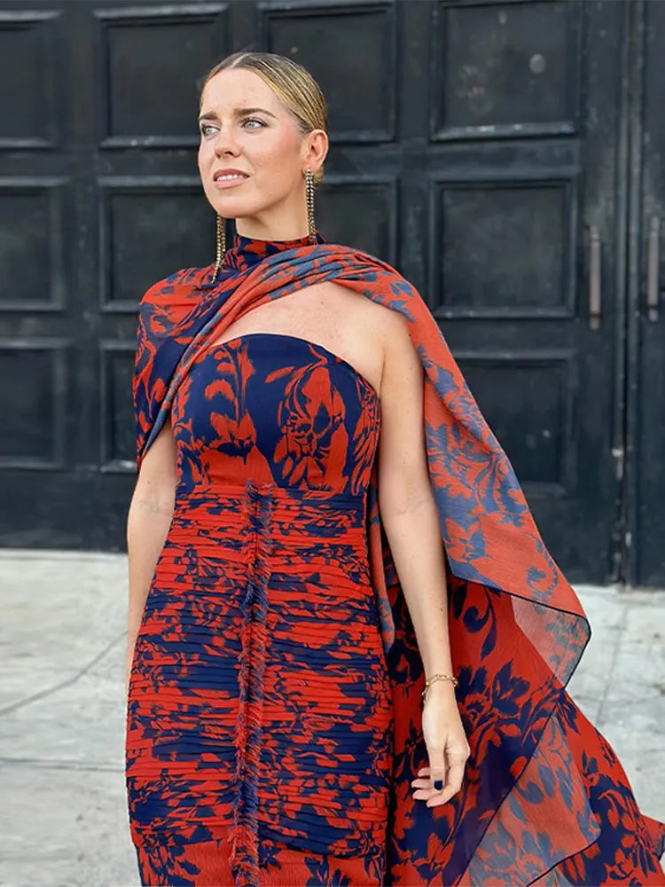 Elegant Printed Shawl Pleated Long Dress Women Fashion Round Collar Casual Bodycon Dresses 2024 Spring Chic Lady Street Vestidos