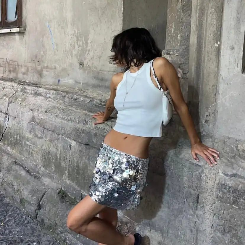 Women Mini Skirts Sexy Hot Girl Sequined Light-Reflecting & Short Type Sheath Skirt Carnival Party Clothings 2023 New Dress