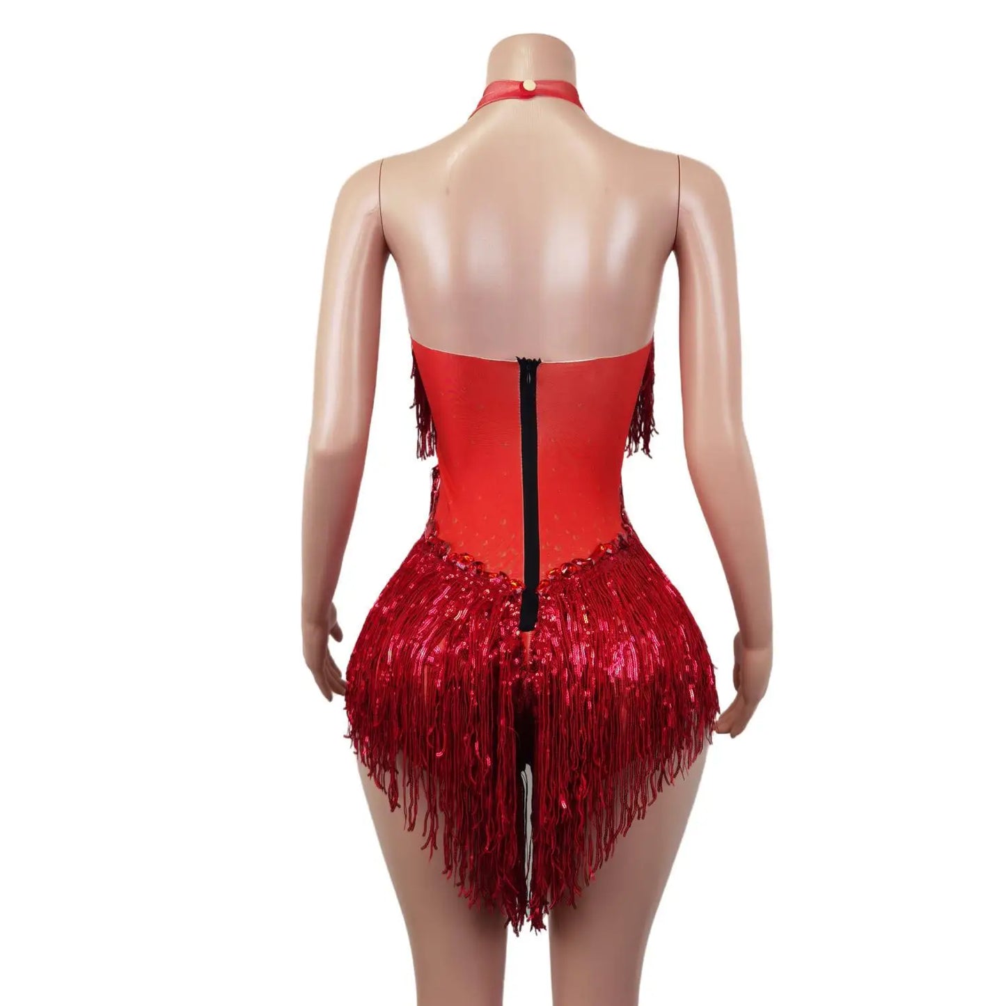 Flashing Red Sequins Fringes Rhinestones Transparent Bodysuit Woman Evening Birthday Celebrate Costume Dancer Leotard Shuye