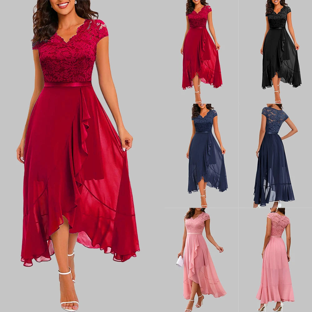 Sexy Women Asymmetrical Solid Lace V Neck Midi Dress Ladies Mesh Party Gown Club Evening